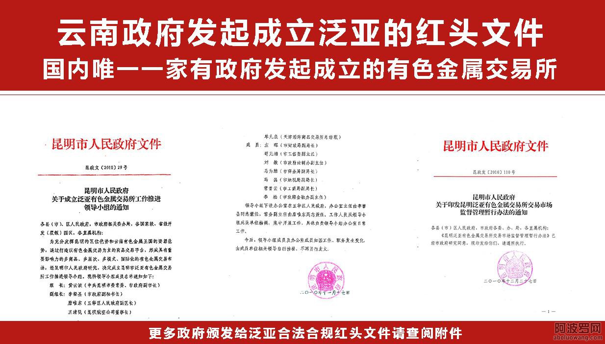 政府保障    　为确保泛亚有色金属交易所的健康、规范发展和市场功能的发挥，2010年12月27日，昆明市政府 ...