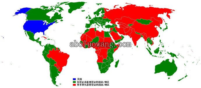 美国公民免签或落地签证的国家(绿色).jpg